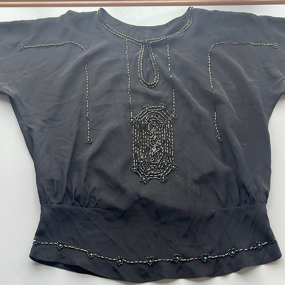 Black beaded silk blouse womens